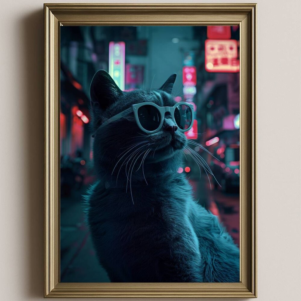 Neon Cat Art Print | Cyberpunk Vaporwave Wall Decor
